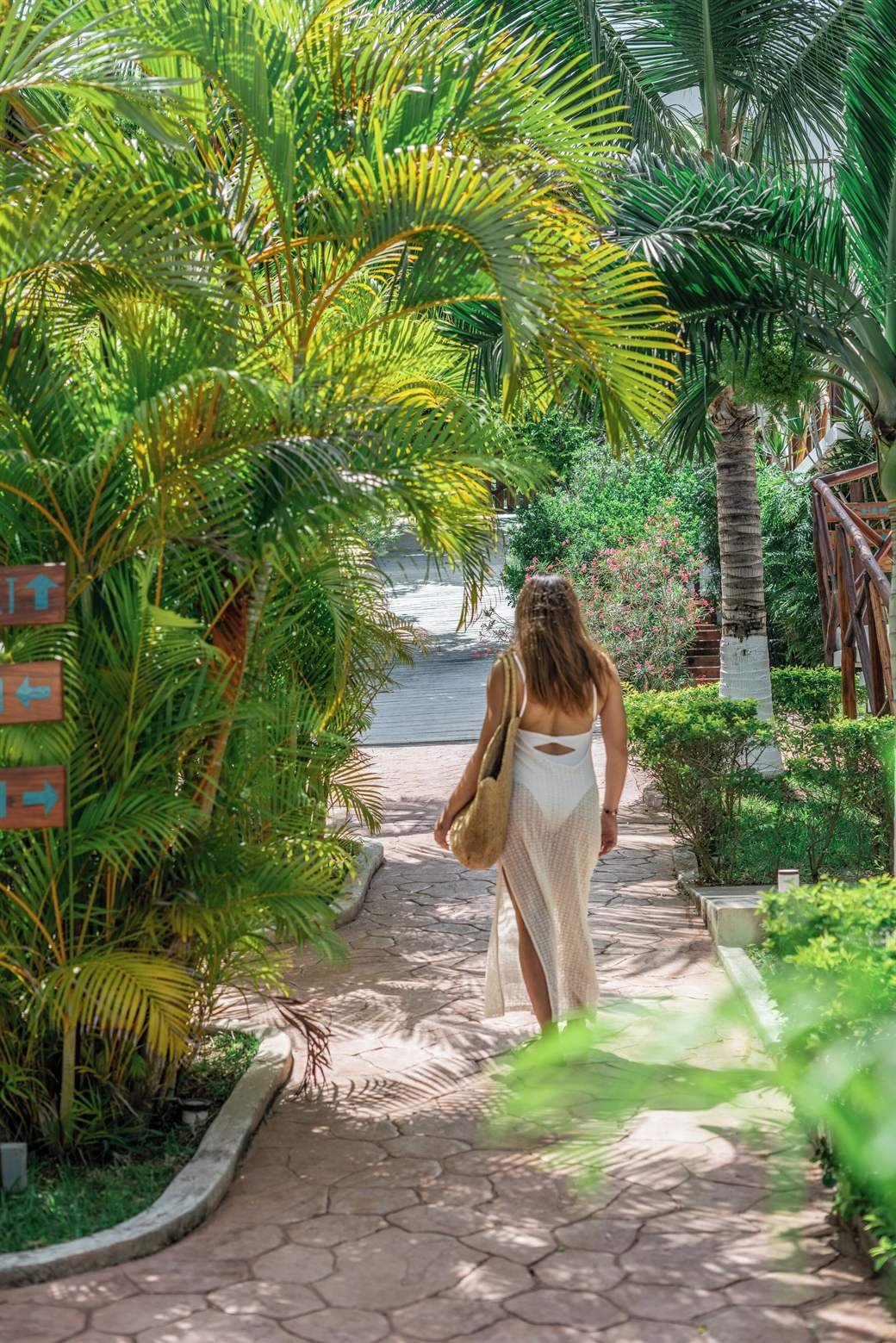 Aldea 19 Bacalar: garden path lined with palms that leads down to the lagoon